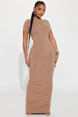 Beige Fashion Nova Cora Snatched Maxi Women Dress USA | 408623DRV