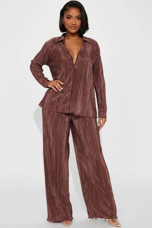 Beige Fashion Nova If It Plisse You Pant Set Women Pants USA | 407153WDI
