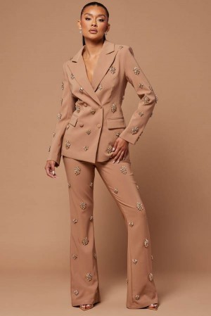 Beige Fashion Nova Verona Embellished Women Pants USA | 013895XCR