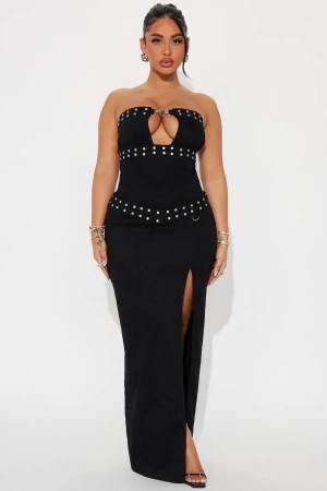 Black Fashion Nova Addison Studded Denim Maxi Women Dress USA | 217369JSN