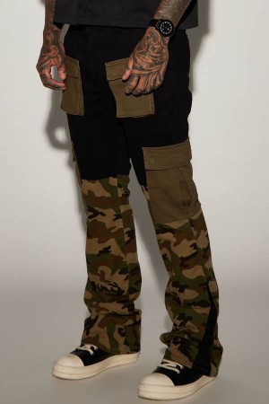 Black Fashion Nova Camo Colorblock Stacked Slim Flare Cargo Men Pants USA | 468512EVW
