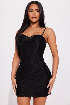 Black Fashion Nova Charlotte Lace Mini Women Dress USA | 602153OWY