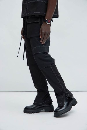 Black Fashion Nova Curtis Contrast Stitch Relaxed Cargo Men Pants USA | 492071YAI