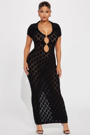 Black Fashion Nova Dream Vacation Crochet Maxi Women Dress USA | 107283VKF