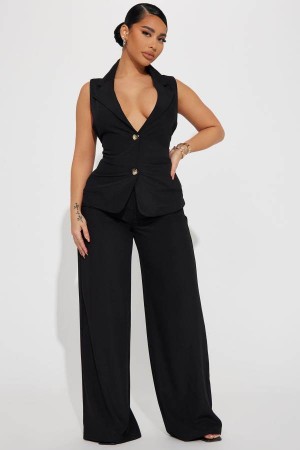 Black Fashion Nova Ericka Vest Pant Set Women Pants USA | 089756BPQ