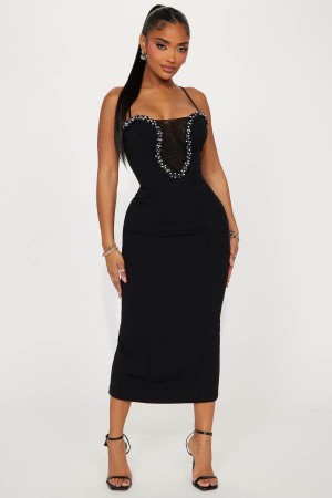 Black Fashion Nova Evelyn Pearl Midi Women Dress USA | 691423XJI
