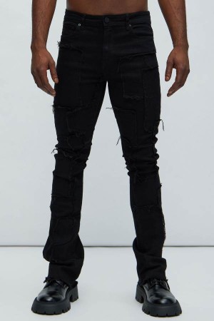 Black Fashion Nova Frayed Patches Stacked Skinny Flare Men Jeans USA | 167830OXD