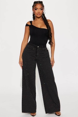 Black Fashion Nova Glo Embellished Wide Leg Women Jeans USA | 372540KZB