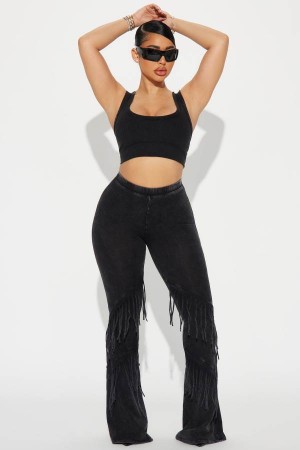 Black Fashion Nova Good Times Fringed Flare Women Pants USA | 859740CIH