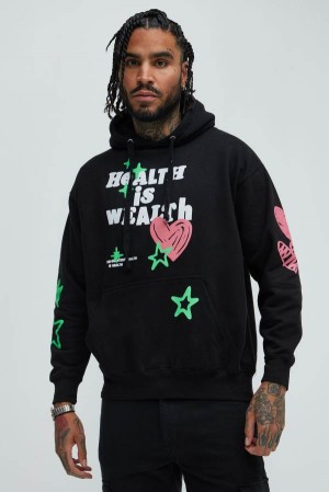 Black Fashion Nova Health Is Wealth Men Hoodie USA | 594718JQY