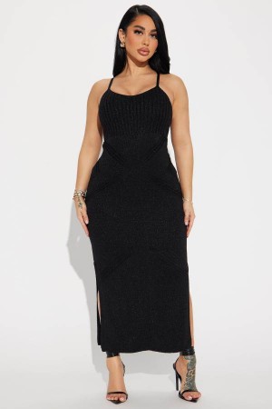 Black Fashion Nova Ilana Metallic Knit Maxi Women Dress USA | 091463FCI