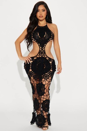 Black Fashion Nova Lolita Crochet Maxi Women Dress USA | 923780OIU