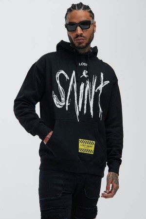 Black Fashion Nova Lost Saint Label Men Hoodie USA | 430697ZTR