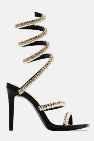 Black Fashion Nova Maeve Embellished Pearl Wrap Up Women Heels USA | 982134WMI