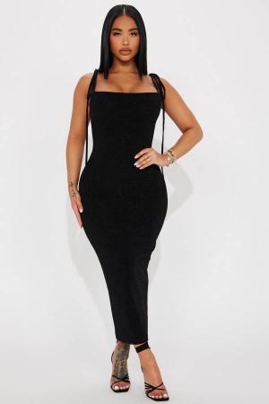 Black Fashion Nova Mia Metallic Midi Women Dress USA | 702439LEA