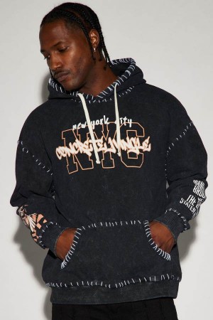 Black Fashion Nova NYC Concrete Jungle Oversized Men Hoodie USA | 035294HVF