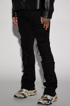 Black Fashion Nova Patch It Up Stacked Skinny Flare Men Jeans USA | 609523GOB