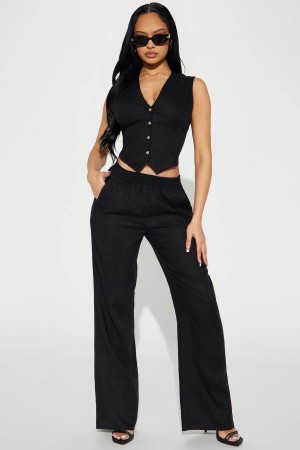 Black Fashion Nova Perfect Vacay Linen Pant Set Women Pants USA | 402168MJA