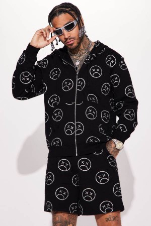Black Fashion Nova Sad Times Zip Up Men Hoodie USA | 687024QNW