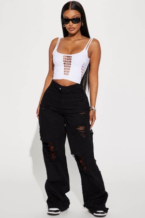Black Fashion Nova Summer Fling Destroyed Foldover Baggy Women Jeans USA | 601893IBN