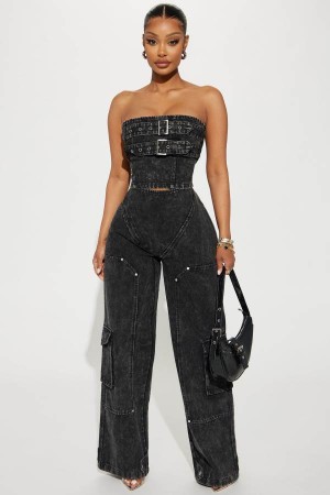 Black Fashion Nova Sweet Love Mineral Wash Pant Set Women Pants USA | 132056YKI