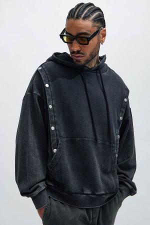 Black Wash Fashion Nova Tyson Snap Panel Oversized Men Hoodie USA | 476925ZRB