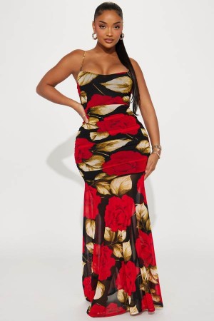 Black / Red Fashion Nova Alani Mesh Maxi Women Dress USA | 741258YTM