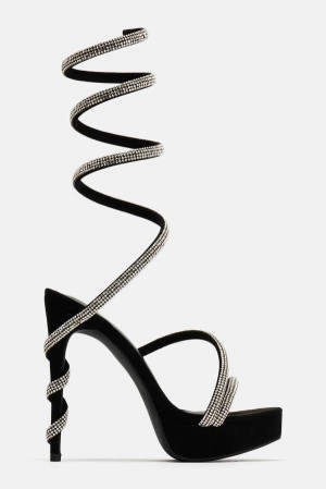 Black / Silver Fashion Nova Chasing Me Embellished Wrap Up Women Heels USA | 294701FJW