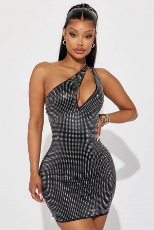 Black / Silver Fashion Nova Palmer Rhinestone Mini Women Dress USA | 903846KNF