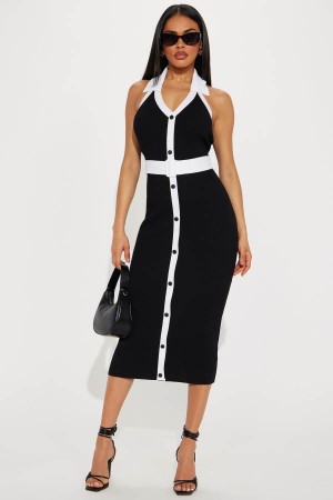 Black / White Fashion Nova Charlotte Sweater Midi Women Dress USA | 316420FGW