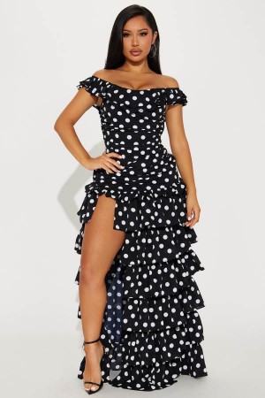 Black / White Fashion Nova Diane Polka Dot Maxi Women Dress USA | 425803WJE