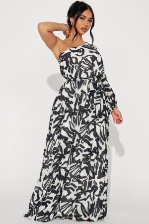 Black / White Fashion Nova Monaco Chiffon Maxi Women Dress USA | 136584MJB