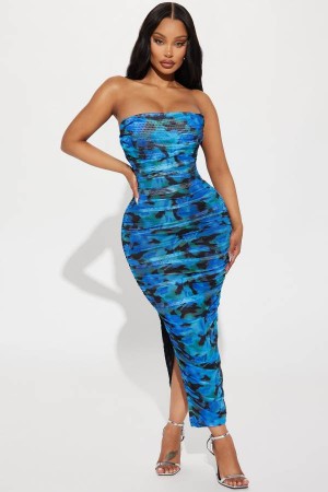 Blue Fashion Nova Aubriella Mesh Midi Women Dress USA | 582036JFG