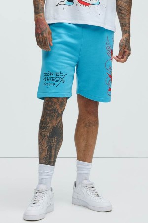 Blue Fashion Nova Ed Hardy Flame Skull Sweat Men Shorts USA | 741532TAQ