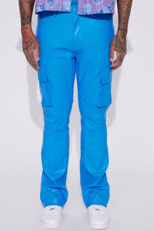 Blue Fashion Nova Finest Faux Leather Cargo Flare Men Pants USA | 027314ZHB