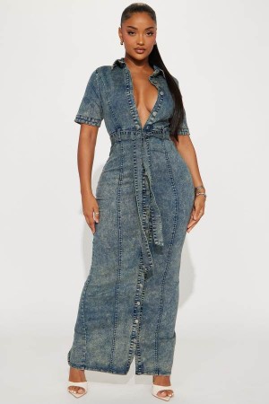 Blue Fashion Nova Kara Denim Maxi Women Dress USA | 759162LUM