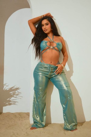 Blue Fashion Nova Marina Sunsets Metallic Swim Cover Up Cargo Women Pants USA | 807546XAV