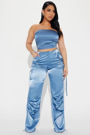 Blue Fashion Nova Perfect Night Satin Pant Set Women Pants USA | 732619VUC