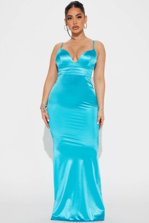 Blue Fashion Nova Stella Satin Maxi Women Dress USA | 670923UJD