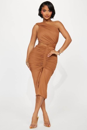 Brown Fashion Nova Amber Glow Mesh Midi Women Dress USA | 379685NEJ