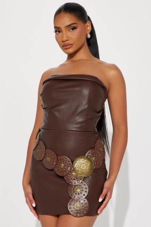 Brown Fashion Nova Get Rowdy Faux Leather Micro Mini Women Dress USA | 053912KNX