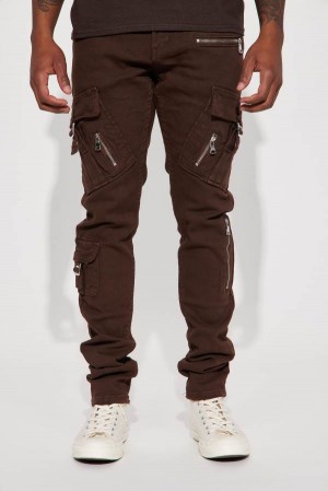 Brown Fashion Nova Inspect Me Cargo Stacked Skinny Men Jeans USA | 269713KJM