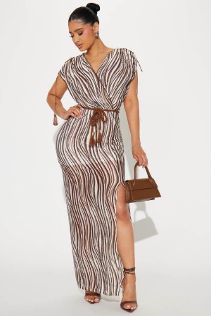 Brown Fashion Nova Living In It Textured Maxi Women Dress USA | 394578NEK