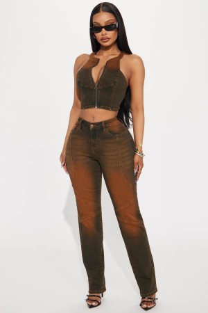 Brown Fashion Nova Passing Through Stretch Straight Leg Women Jeans USA | 210397XET