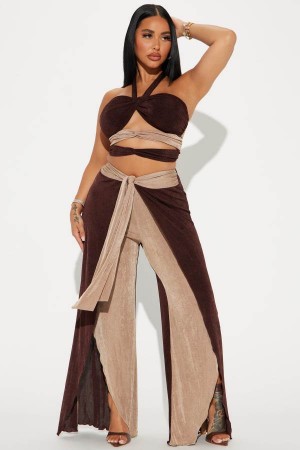 Brown Fashion Nova Staying In Paradise Pant Set Women Pants USA | 021475GIK