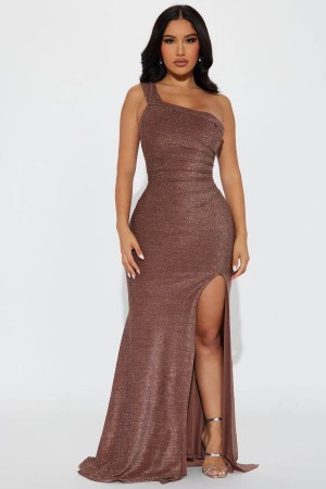 Brown Fashion Nova Stella One Shoulder Lurex Maxi Women Dress USA | 127493SJM