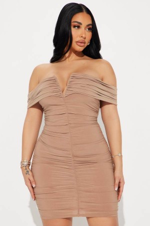 Brown Fashion Nova Tatiana Ruched Mini Women Dress USA | 439670RLU