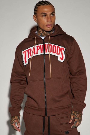 Brown Fashion Nova Trapwoods Zip Men Hoodie USA | 271896CBK