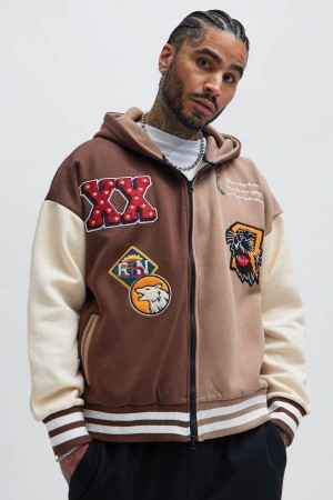Brown Fashion Nova XX Varsity Zip Up Men Hoodie USA | 765429NQL