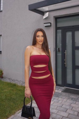 Burgundy Fashion Nova Blake Cut Out Tube Maxi Women Dress USA | 352087LUO